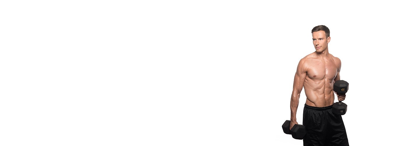 Barry's Bootcamp instructor Chris Baxter shirtless holding dumbbells against a white background.