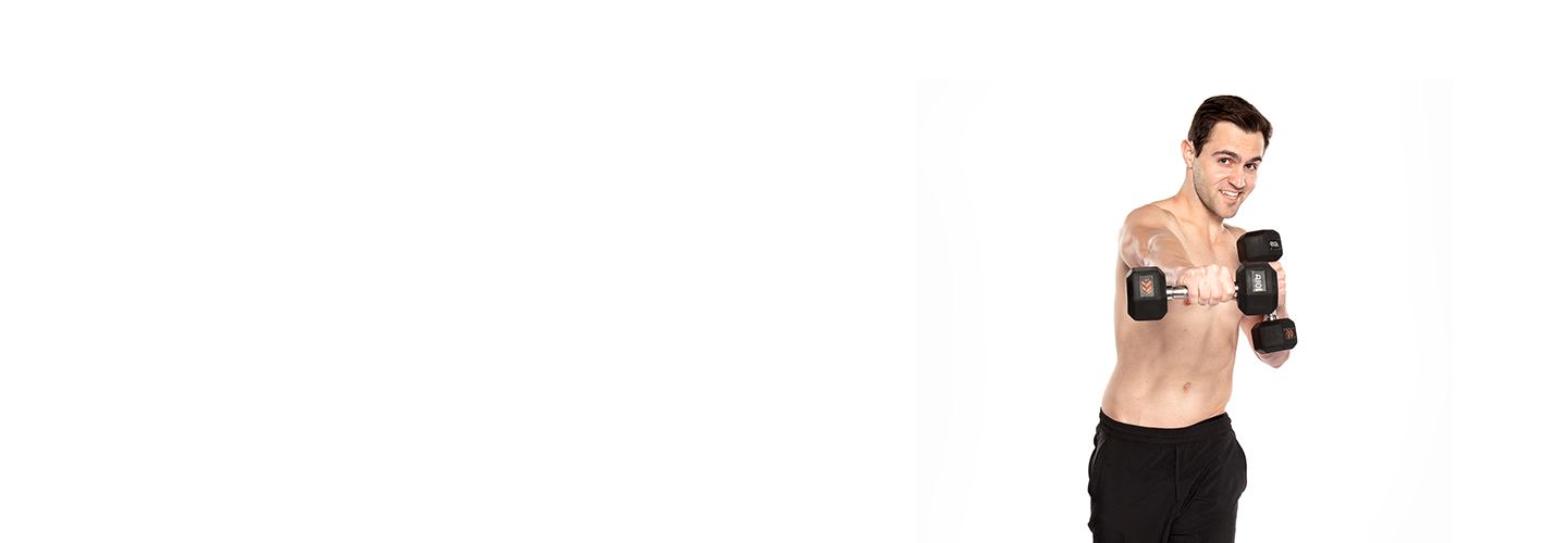 Headshot of Barry's Bootcamp instructor Kael Williams shirtless and holding a dumbbell up vertically against a white background.