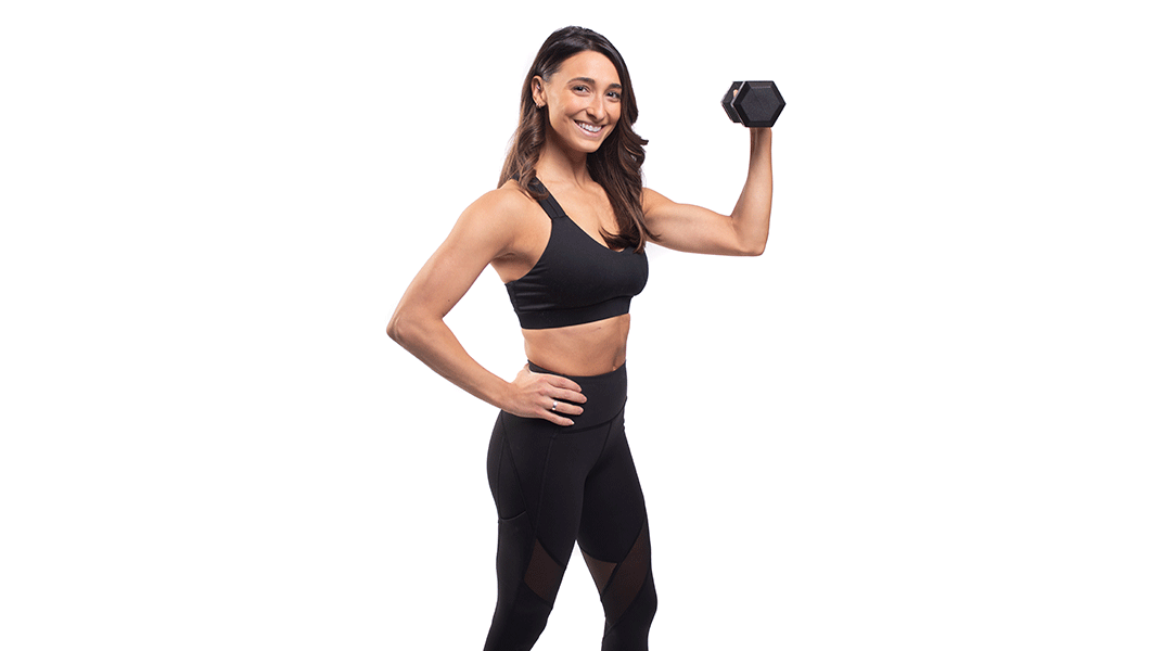 Barry's instructor standing confidently curling a weight wearing a black top against a white background.