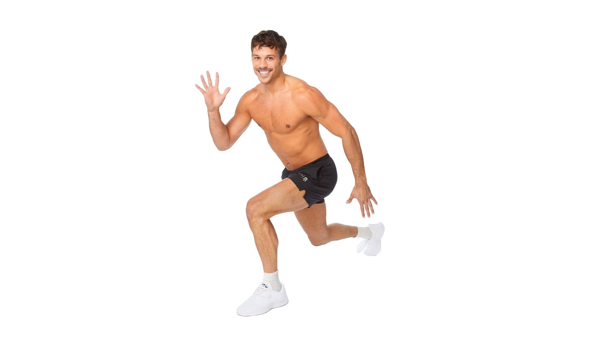 Barry's instructor doing a lunge shirtless with black shorts against a white background.